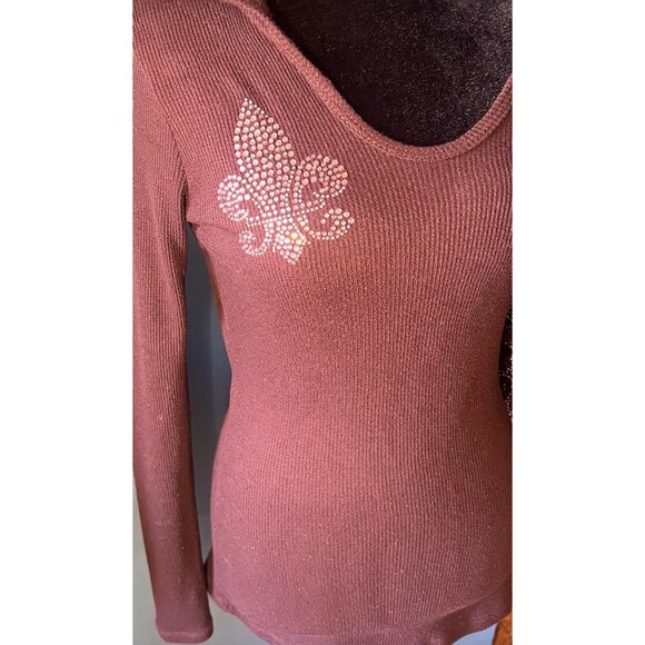 Vocal Y2K Brown Long-Sleeve Hooded Top With Rhinestone Fleur-De-Lis Womens Small - Picture 8 of 12
